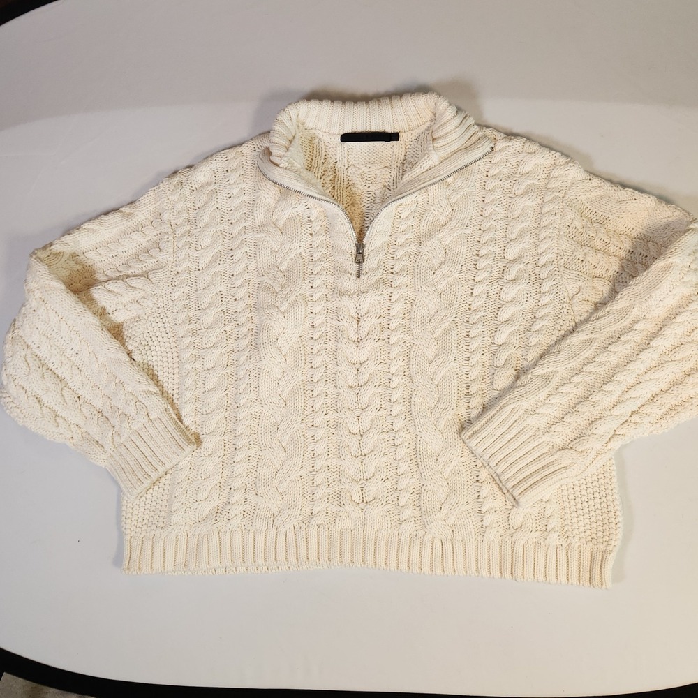 Jenni Kayne Ivory Cotton Cable Half Zip Pullover Sweater Large Old Money
